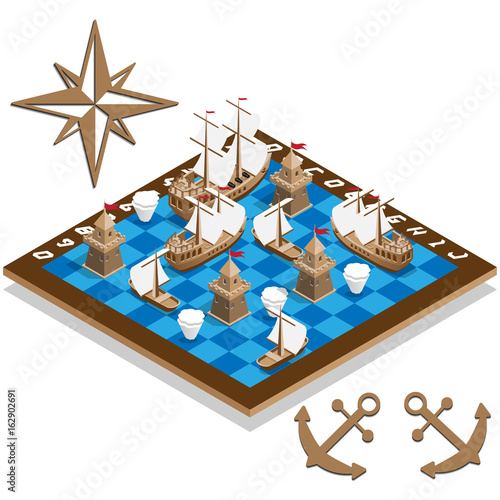 Battleship. Sailboats. Game set. Isometric. Vector illustration.