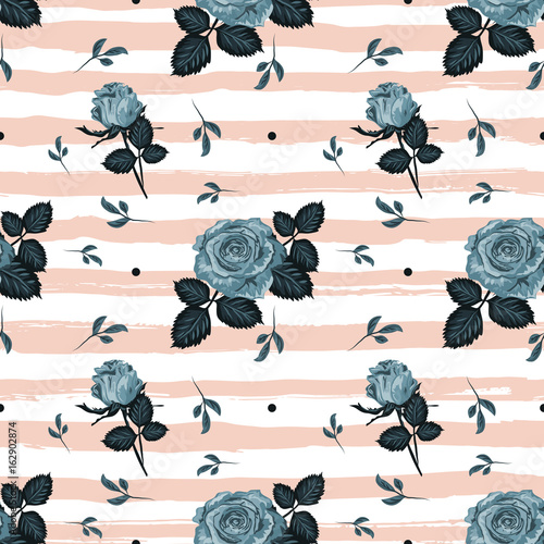 Vintage roses pattern Hand-drawn blue roses striped background. Repeating floral backdrop, vintage flowers wallpaper. Vector flower pattern seamless