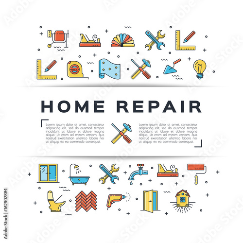 Home repair flyer Сonstruction icon. House remodel thin line art icons. Symbols hammer and screwdriver, hard hat, plumbing, construction tools, wallpaper and etc. Vector flat illustration