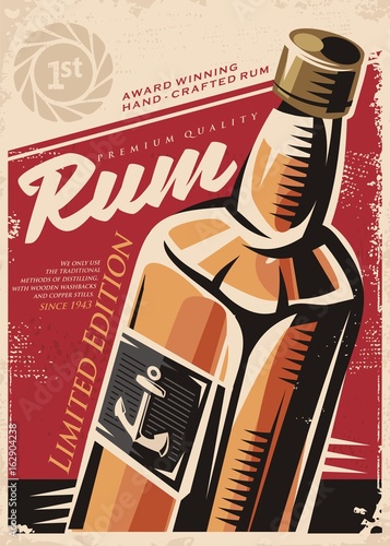 Award winning hand crafted rum, retro poster design template with rum bottle on red old paper background