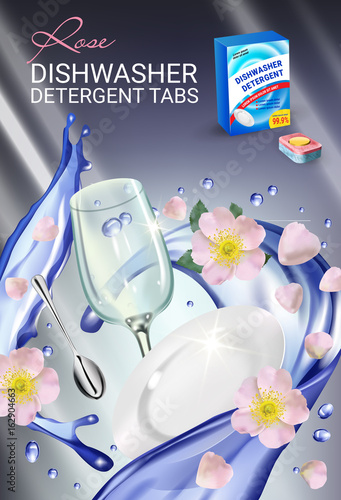 Rose fragrance dishwasher detergent tabs ads. Vector realistic Illustration with dishes in water splash and flowers. Vertical poster
