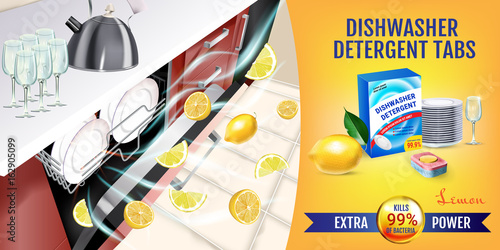 Lemon fragrance dishwasher detergent tabs ads. Vector realistic Illustration with dishwasher in kitchen counter and detergent package. Horizontal banner