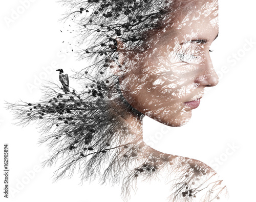 Obraz na płótnie Double exposure portrait of young woman and pine with black crow. w salonie