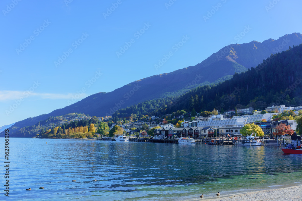 Beautiful Queenstown on Lake Wakatipu in Autumn , South Island of New Zealand