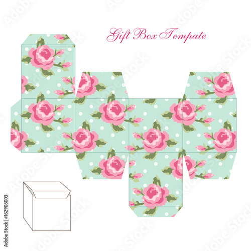 Cute retro square gift box template with shabby chic ornament to print, cut and fold