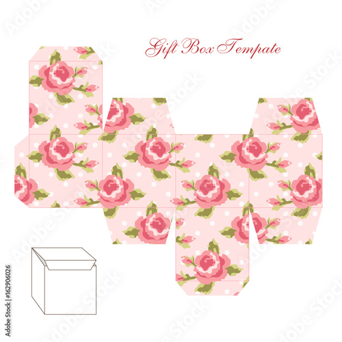 Cute retro square gift box template with shabby chic ornament to print, cut and fold