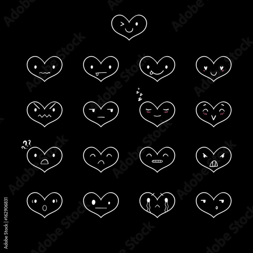 Heart emoticons with different emotions  vector set of various hand-drawn outline cute expressions  EPS 8