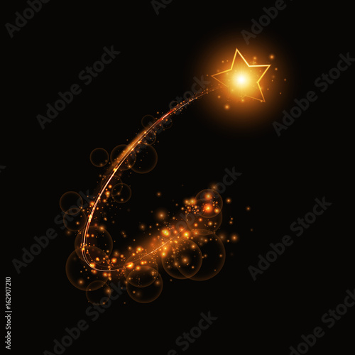 A golden comet with a star and light effects on a dark background
