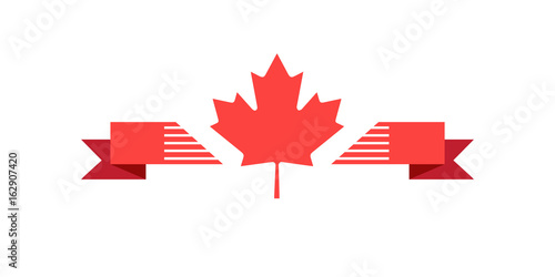 Maple leaf logo and ribbon banner isolated on white. Icon vector red color of the Canadian flag. For Canada Day Greeting card, poster, placard design.