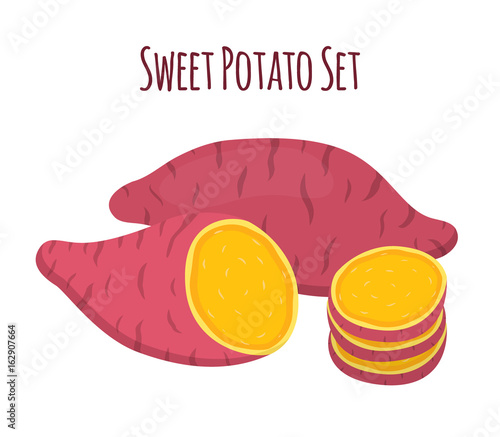 Brown batat, sweet potato and slices. Organic healthy vegetable
