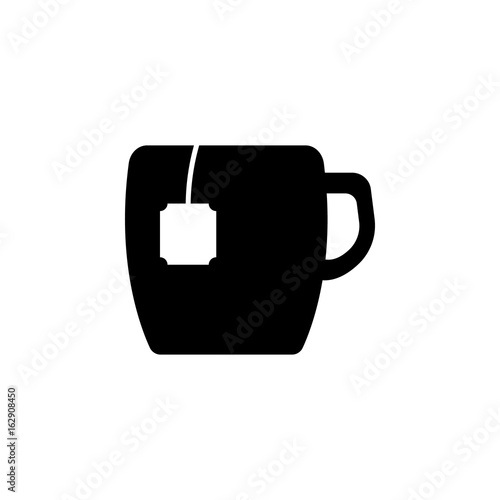 Tea mug icon. Drop shadow tea cup with teabag silhouette symbol. Cup of hot drink. Tea mug logo concept. Vector teacup isolated illustration