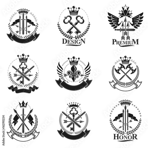 Vintage Weapon Emblems set. Heraldic Coat of Arms, vintage vector emblems collection.