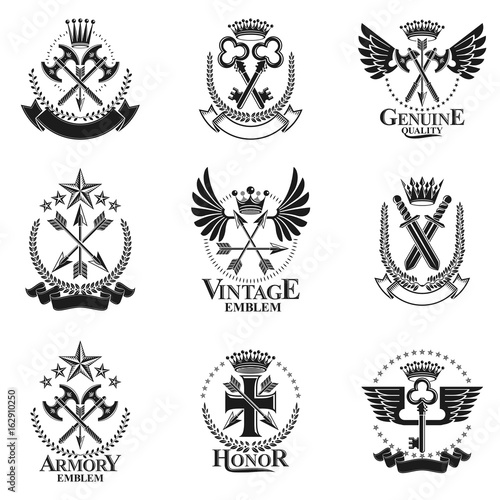 Vintage Weapon Emblems set. Heraldic coat of arms decorative emblems collection.