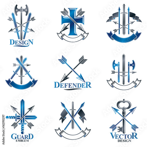 Vintage Weapon Emblems set. Heraldic Coat of Arms decorative emblems isolated vector illustrations collection.