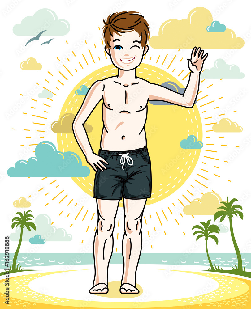Cute little teen boy standing in colorful stylish beach shorts. Vector pretty nice human illustration. Fashion theme clipart.
