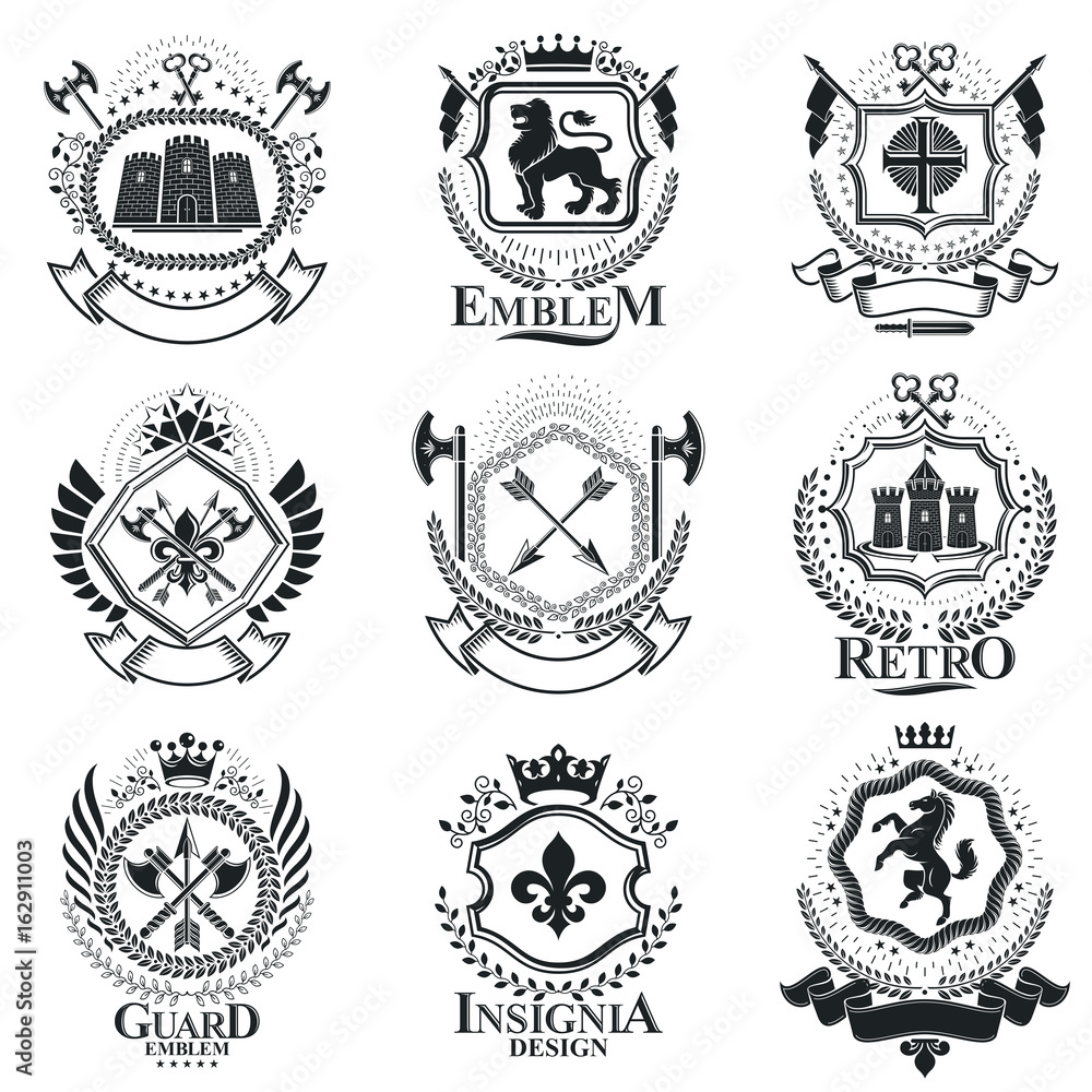 Obraz premium Vintage kompozycje emblematów dekoracyjnych, wektory heraldyczne. Kolekcja klasycznych ilustracji symbolicznych wysokiej jakości, wektor zestaw.