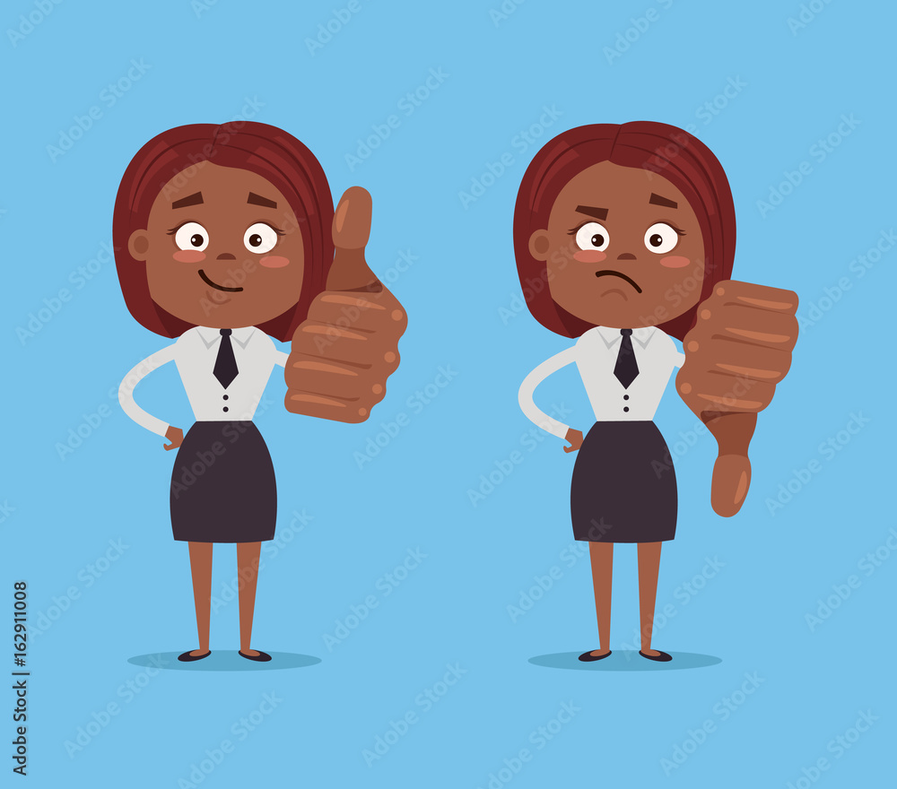 Happy smiling and angry sad business woman African American office worker characters show likes and dislikes hand gesture sign. Vector flat cartoon illustration Happy smiling and angry sad business woman African American office worker characters show likes and dislikes hand gesture sign. Vector flat cartoon illustration