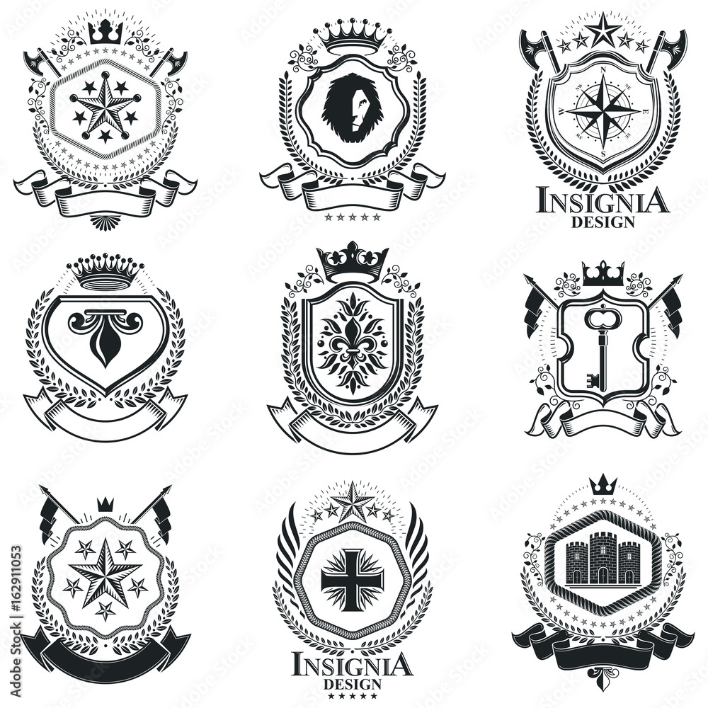Heraldic Coat of Arms, vintage vector emblems. Classy high quality symbolic illustrations collection, vector set.