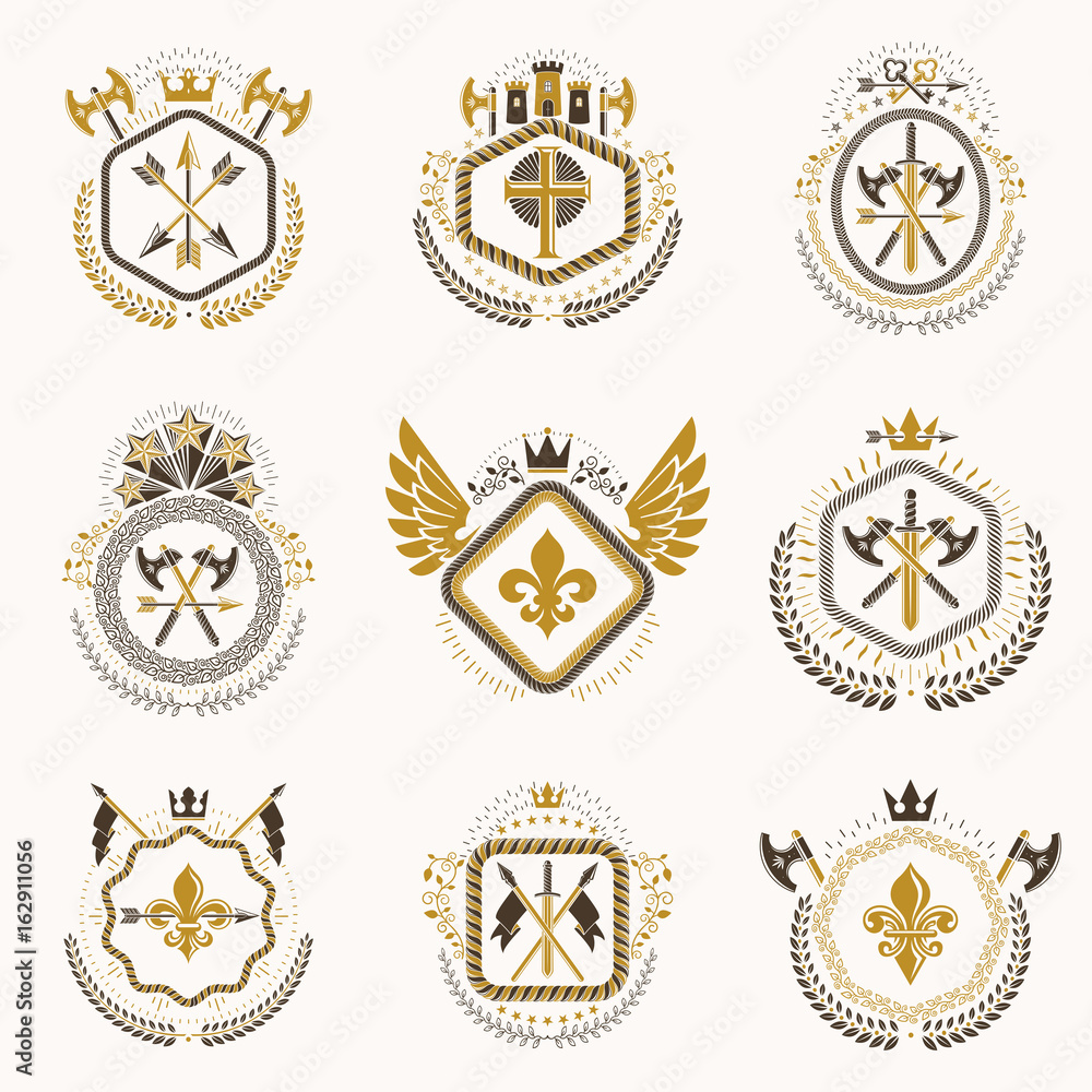 Heraldic decorative emblems made with royal crowns, animal illustrations, religious crosses, armory and medieval castles. Collection of symbols in vintage style.