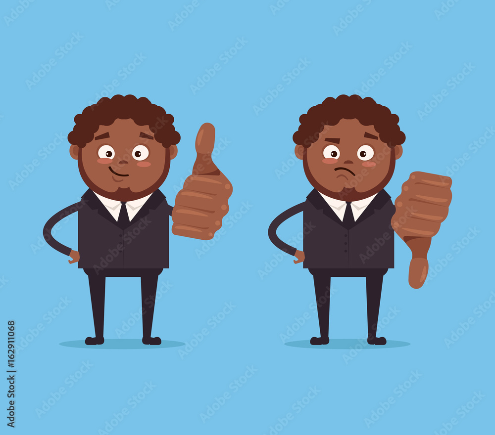 Happy smiling and angry sad businessmen African American office worker characters show likes and dislikes hand gesture sign. Vector flat cartoon illustration Stock Vector | Adobe Stock Happy smiling and angry sad businessmen African American office worker characters show likes and dislikes hand gesture sign. Vector flat cartoon illustration Stock Vector | Adobe Stock