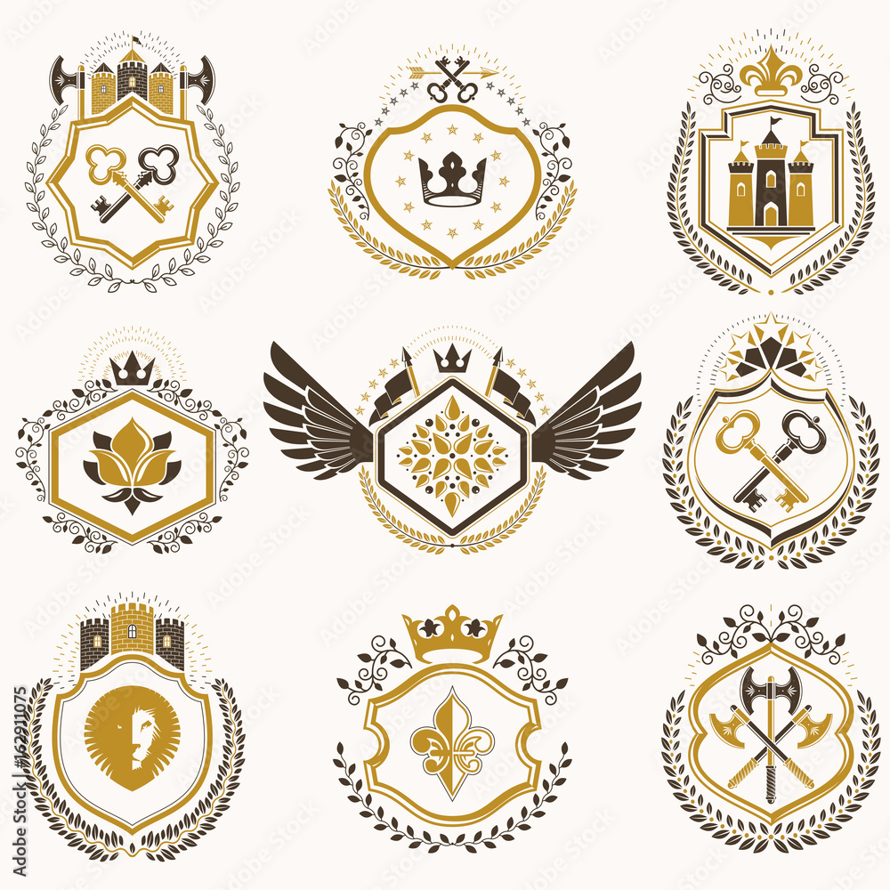 Heraldic decorative emblems made with royal crowns, animal illustrations, religious crosses, armory and medieval castles. Collection of symbols in vintage style. Heraldic decorative emblems made with royal crowns, animal illustrations, religious crosses, armory and medieval castles. Collection of symbols in vintage style.