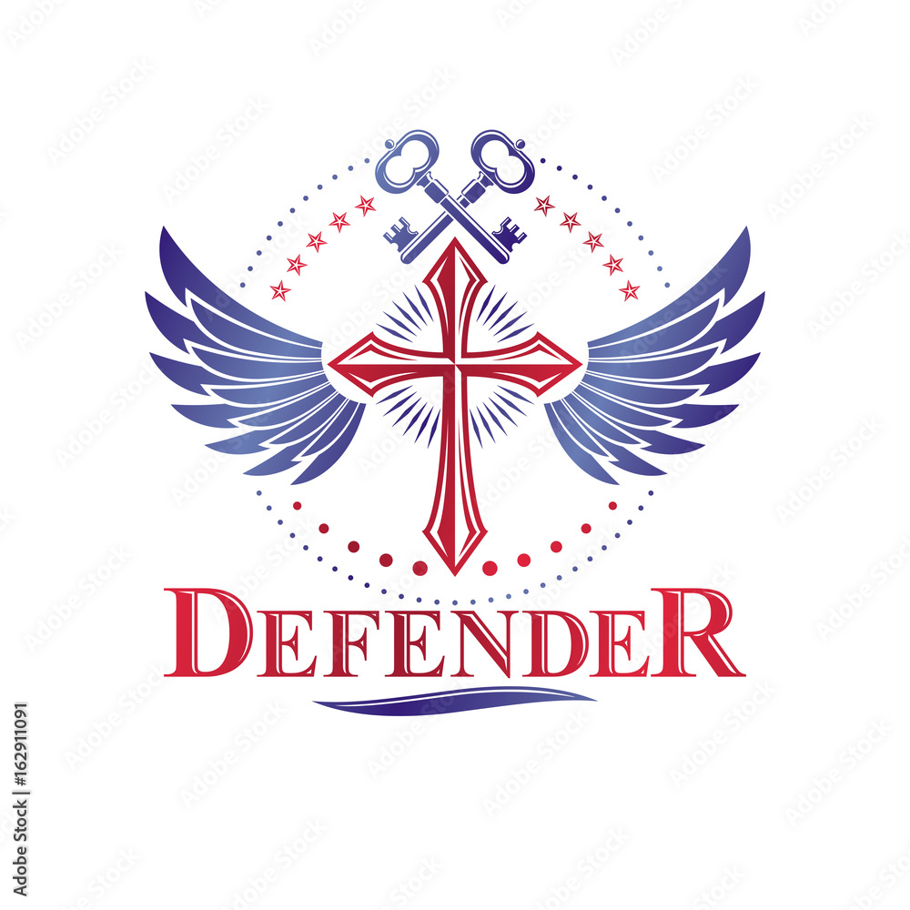 Christian Cross decorative emblem composed with security keys. Winged heraldic vector design element. Religious vintage art symbol, guardian angel. Christian Cross decorative emblem composed with security keys. Winged heraldic vector design element. Religious vintage art symbol, guardian angel.