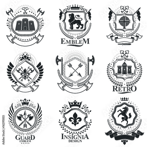 Vintage decorative emblems compositions  heraldic vectors. Classy high quality symbolic illustrations collection  vector set.