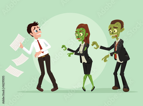 Zombies office workers businessman characters. Vector flat cartoon illustration