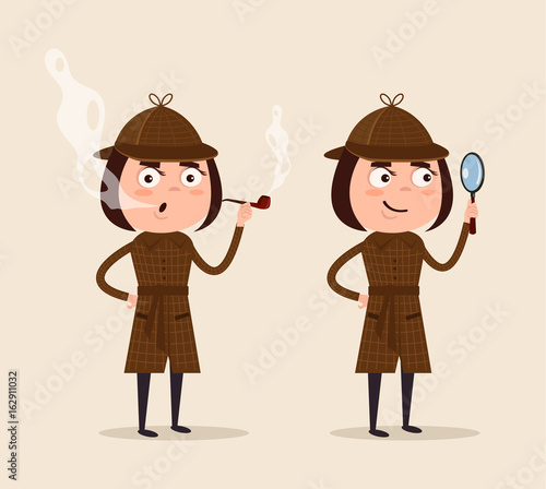 Smiling detective woman character looking through magnifying glass and smoking pipe. Vector flat cartoon illustration