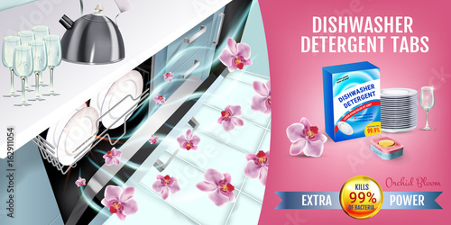 Orchid fragrance dishwasher detergent tabs ads. Vector realistic Illustration with dishwasher in kitchen counter and detergent package. Horizontal banner