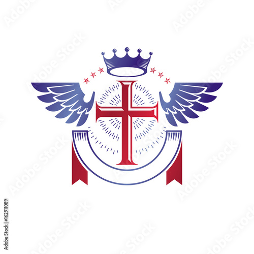 Winged Christian Cross emblem composed with royal crown and luxury ribbon. Heraldic Coat of Arms decorative logo isolated vector illustration. Religion and spirituality theme symbol.