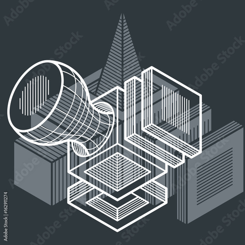 Engineering three-dimensional construction, abstract vector trigonometric shape.
