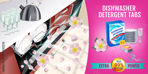Rose fragrance dishwasher detergent tabs ads. Vector realistic Illustration with dishwasher in kitchen counter and detergent package. Horizontal banner
