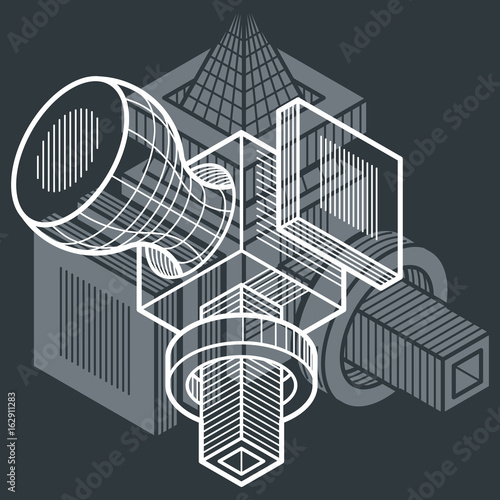 Abstract trigonometric construction, vector dimensional design template.