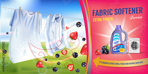 Berries fragrance fabric softener gel ads. Vector realistic Illustration with laundry clothes and softener rinse container. Horizontal banner