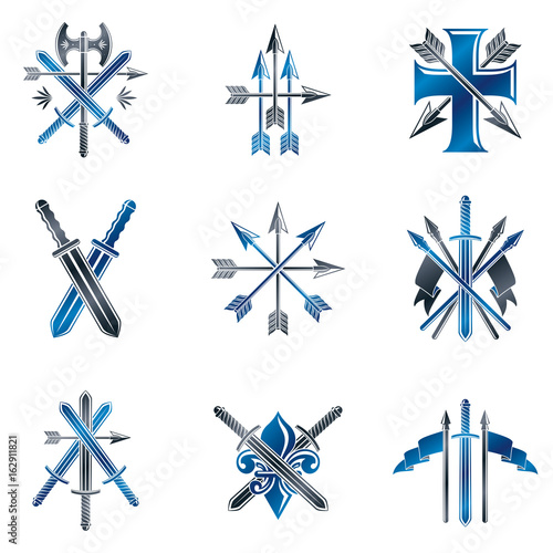 Vintage Weapon Emblems set. Vintage vector design elements collection. Retro style label, heraldry.