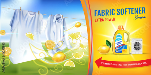 Lemon fragrance fabric softener gel ads. Vector realistic Illustration with laundry clothes and softener rinse container. Horizontal banner