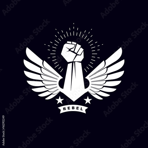 Vector illustration of a clenched fist raised up. Boxing club abstract emblem can be used as tattoo.