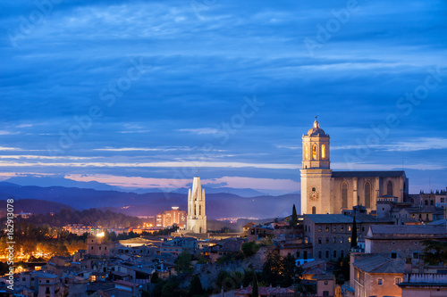 City of Girona Twilight Cityscape in Catalonia  Spain
