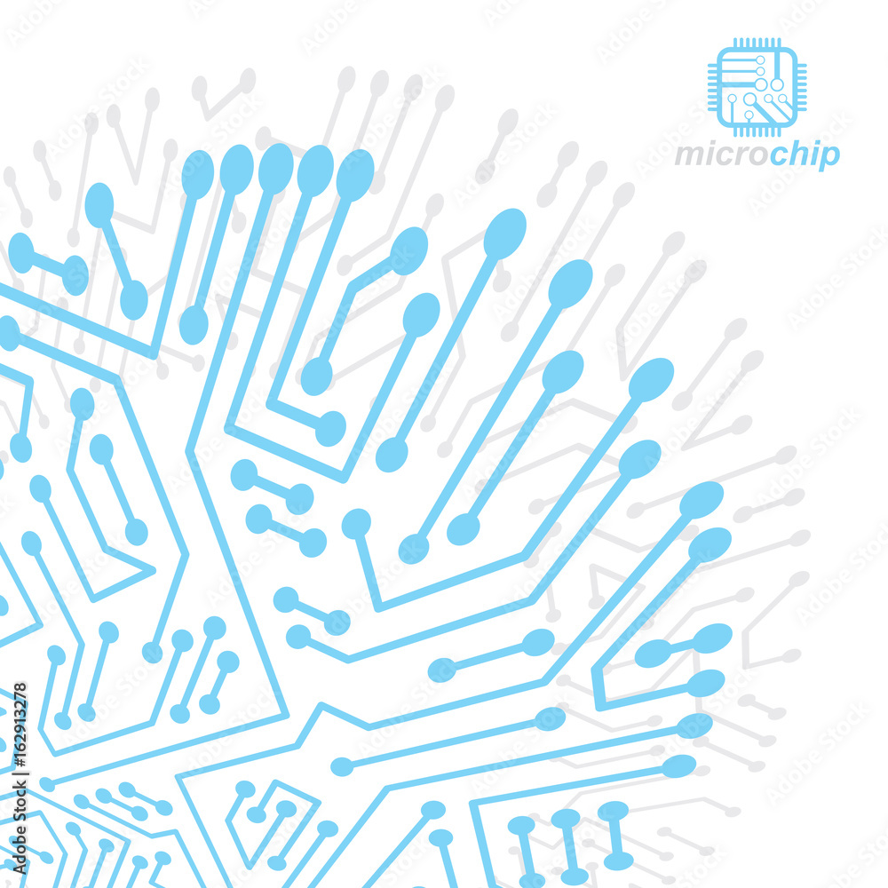 Vector abstract technology illustration with circuit board. High tech digital scheme of electronic device. Technology microchip abstract background