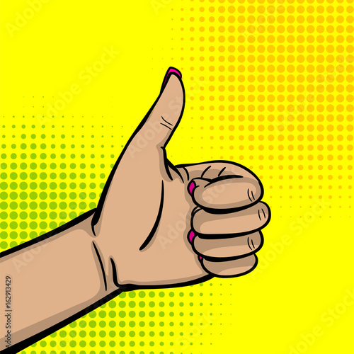 Pop art comic text cartoon cool woman knuckle hand show finger thumb up. Human girl wow ok, good poster halftone dot background. Gesture advertisement arm message. Bright color illustration.