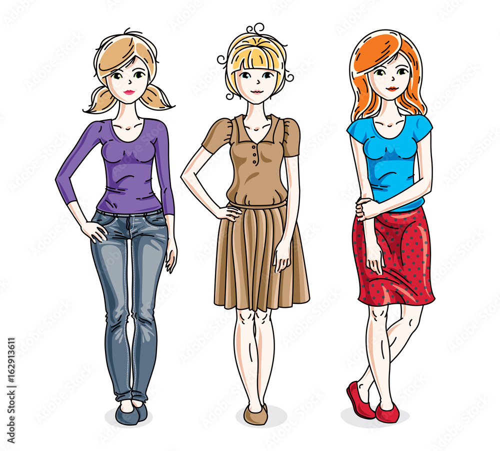Happy pretty young women standing wearing fashionable casual clothes. Vector set of beautiful people illustrations. Happy pretty young women standing wearing fashionable casual clothes. Vector set of beautiful people illustrations.