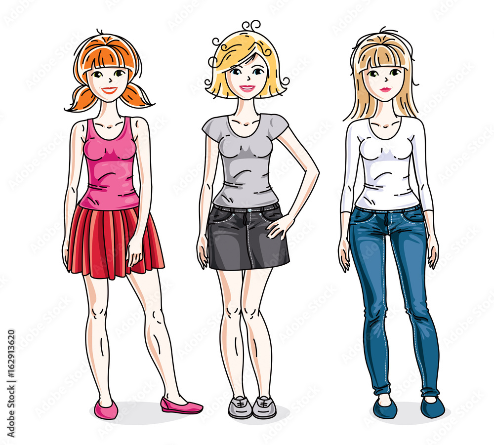 Happy pretty young women standing wearing fashionable casual clothes. Vector set of beautiful people illustrations. Happy pretty young women standing wearing fashionable casual clothes. Vector set of beautiful people illustrations.