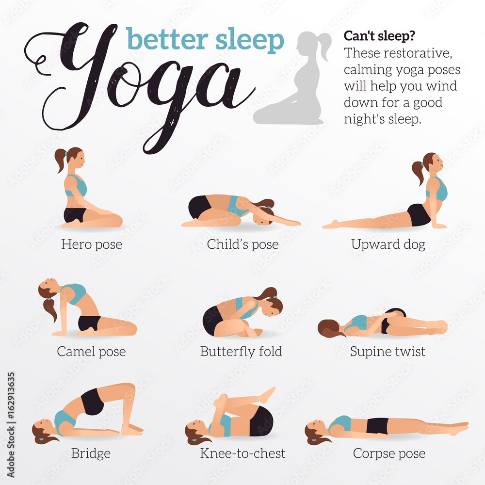 Yoga poses for better sleep. Vector illustrations with woman in