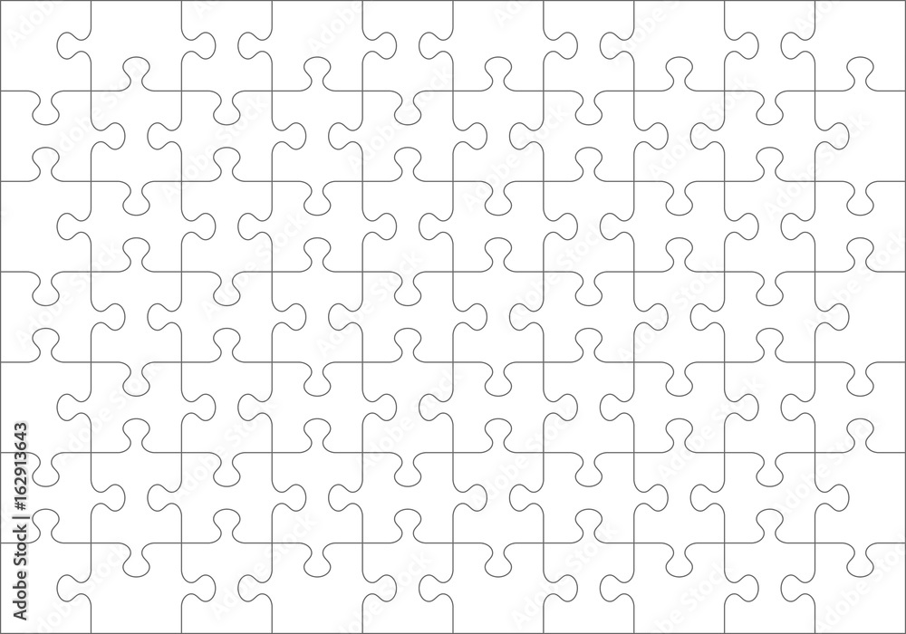 Jigsaw puzzle blank template or cutting guidelines of 70 transparent pieces.  Classic style pieces are easy to separate (every piece is a single shape).  Stock Vector