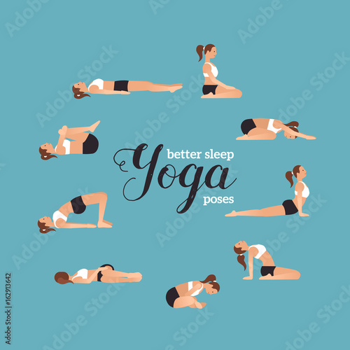 Yoga poses for better sleep. Vector illustrations with woman in sport bra and shorts doing asanas from insomnia and relaxing. Healthy poster in flat vector design. On turquoise background.