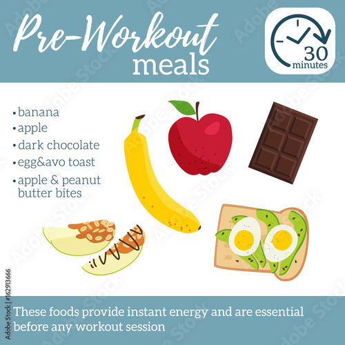 Pre-workout meals poster. Best food before sport training. Vector illustration healthy lifestyle. Banana, apple, chocolate, egg avo toast and apple peanut butter bites on white isolated background.