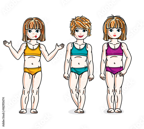 Little girls standing in colorful bikini. Vector kids illustrations set.