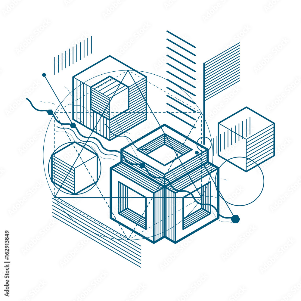 Isometric linear abstract vector background, lined abstraction. Cubes, hexagons, squares, rectangles and different abstract elements.