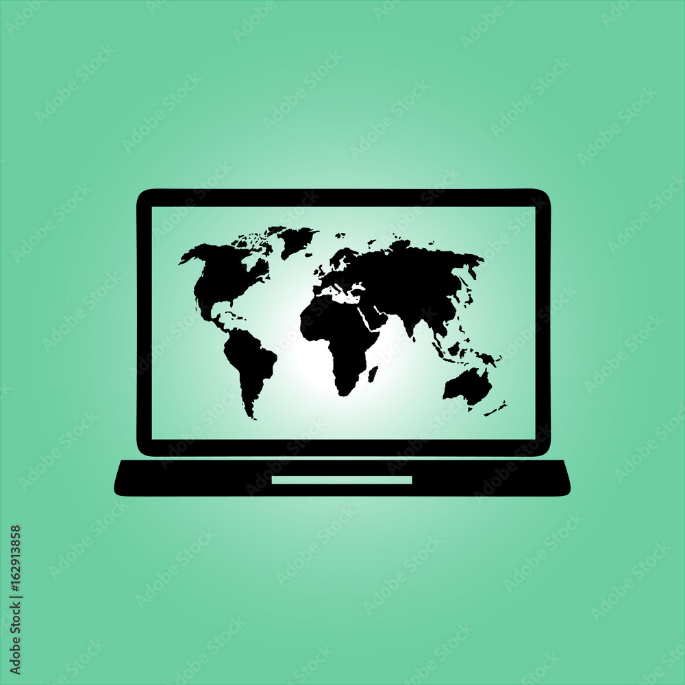 Laptop and world map illustration. World map geography symbol. Flat design style. Laptop and world map illustration. World map geography symbol. Flat design style.